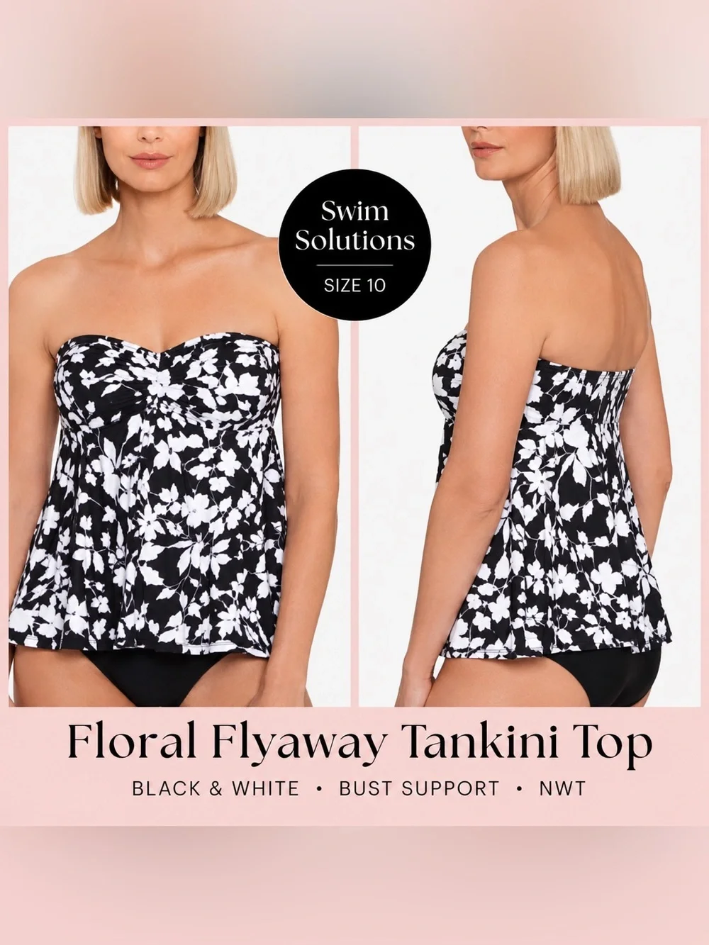 NWT Swim Solutions Floral Flyaway Tankini Top Black White Size 10